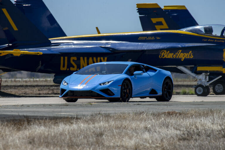 A Lamborghini Aventador drives on the flight line during the 2022 Marine Corps Air Station Miramar Air Show at MCAS Miramar, San Diego, California, Sept. 23, 2022. The theme for the 2022 MCAS Miramar Air Show, “Marines Fight, Evolve and Win,” reflects the Marine Corps’ ongoing modernization efforts to prepare for future conflicts. (U.S. Marine Corps photo by Lance Cpl. Zachary Larsen)