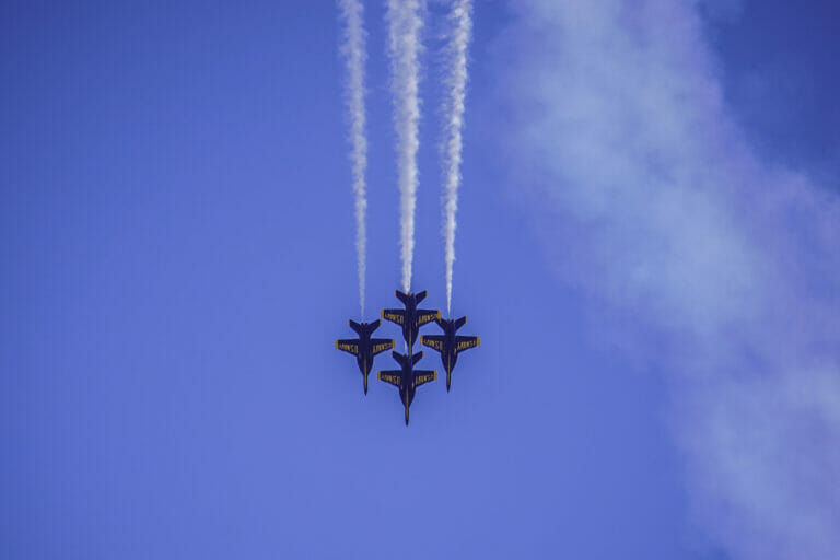 The U.S. Navy Blue Angels perform aerial maneuvers during the 2022 Marine Corps Air Station Miramar Air Show at MCAS Miramar, San Diego, California, Sept. 23, 2022. The Blue Angels, formed in 1946, perform precision flight demonstrations in more than 70 shows at 34 locations throughout the United States each year. The theme for the 2022 MCAS Miramar Air Show, “Marines Fight, Evolve and Win,” reflects the Marine Corps’ ongoing modernization efforts to prepare for future conflicts. (U.S. Marine Corps photo by Pfc. Arthur Shores)